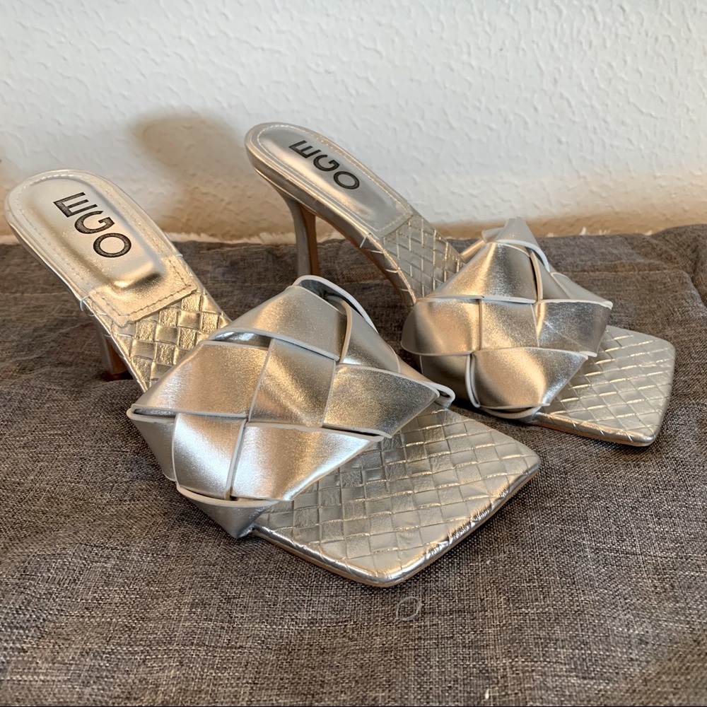 New Ego Silver Woven Slide Heels 7 F2